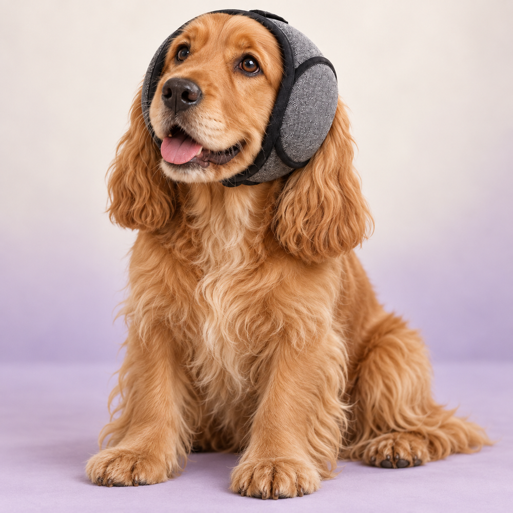 Hush Quiet Hood gray ear cover on a cocker spaniel. Brand product visualization.